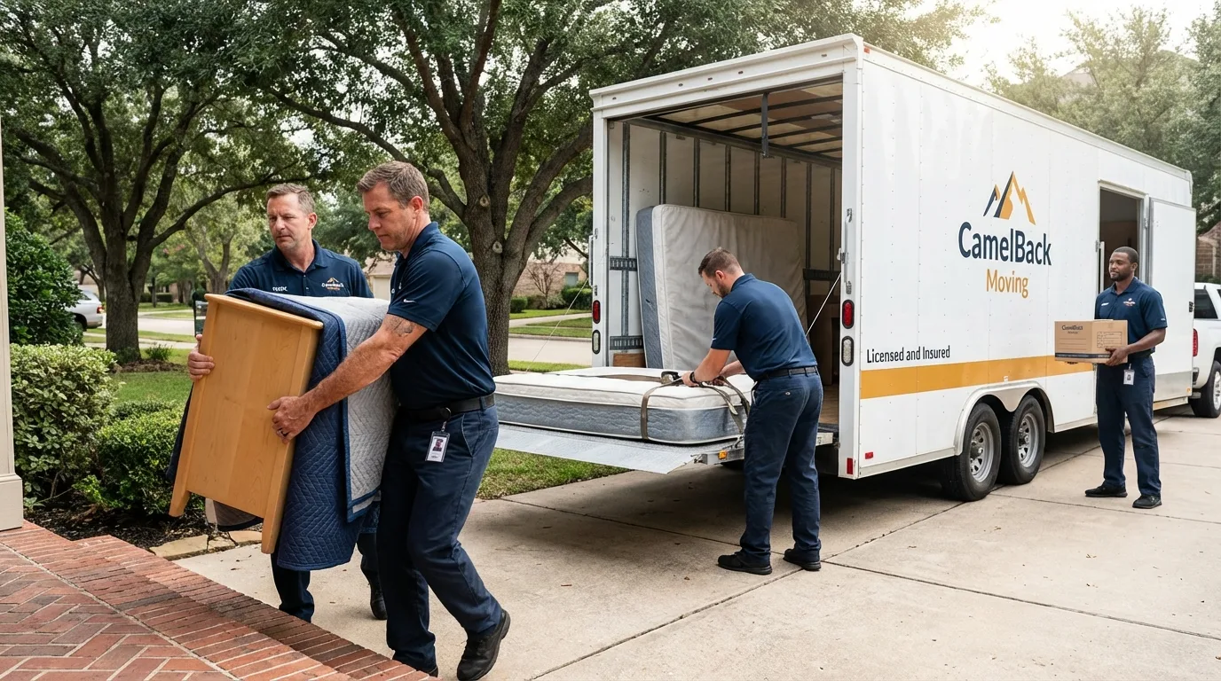 Crew loading residential truck for cross-state move from Dedham, MA