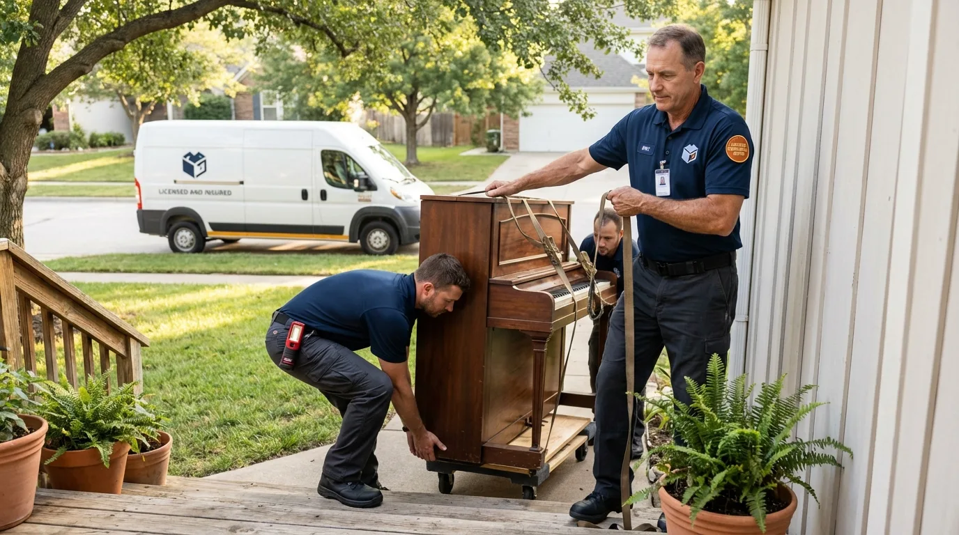 Licensed piano movers securing grand piano in Dedham, MA