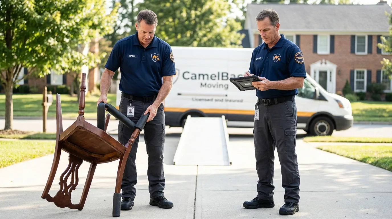 Movers inspecting furniture for damage prevention before loading in Dedham, MA