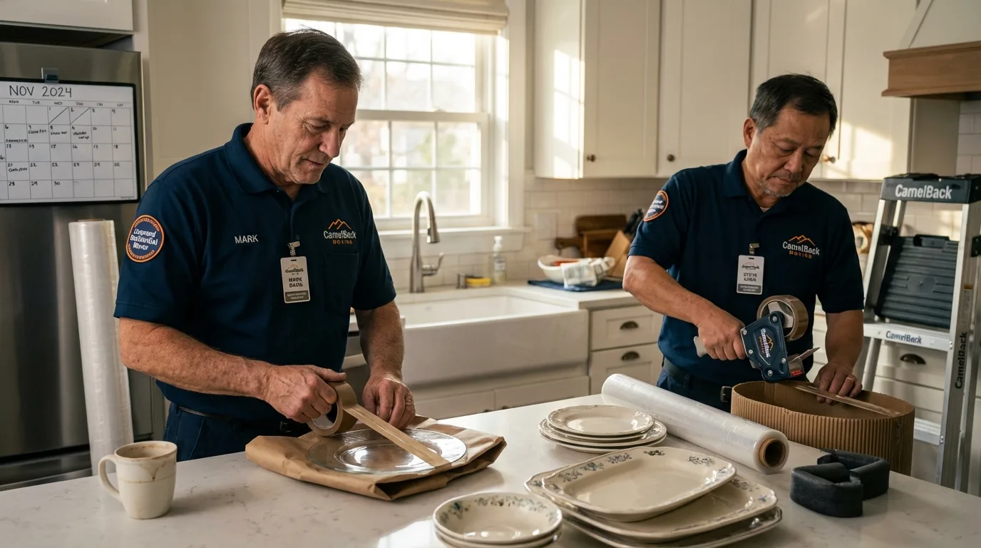 Professional crew packing kitchen dishware in Dedham, MA